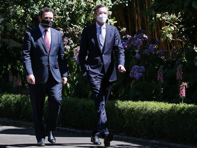 Dominic Perrottet and Stuart Ayres arrive at Government House. Picture: NCA NewsWire / Gaye Gerard.