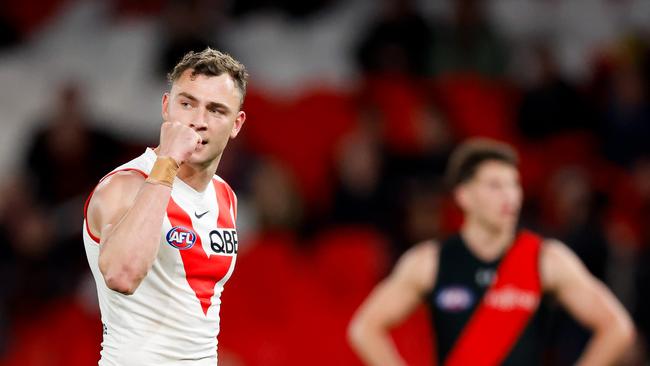 MELBOURNE, AUSTRALIA - AUG 16: Will Hayward of the Swans celebrates a goal during the 2024 AFL Round 23 match between Essendon Bombers and the Sydney Swans at Marvel Stadium on August 16, 2024 in Melbourne, Australia. (Photo by Dylan Burns/AFL Photos via Getty Images)