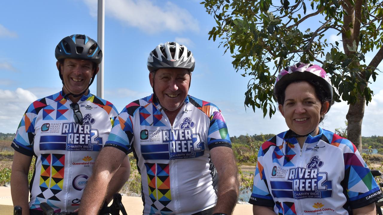 Still cheery after battling strong headwinds on the 60km cycle are (from left) Jeff Twomey, Steve Roesler and Amelia Tatnell at the River2Reef Ride. Picture: Tara Miko