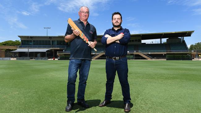 Cricket North Queensland president Peter Busch and Federal member for Herbert Phillip Thompson are campaigning for lighting upgrades at Riverway Stadium. Picture: Shae Beplate.