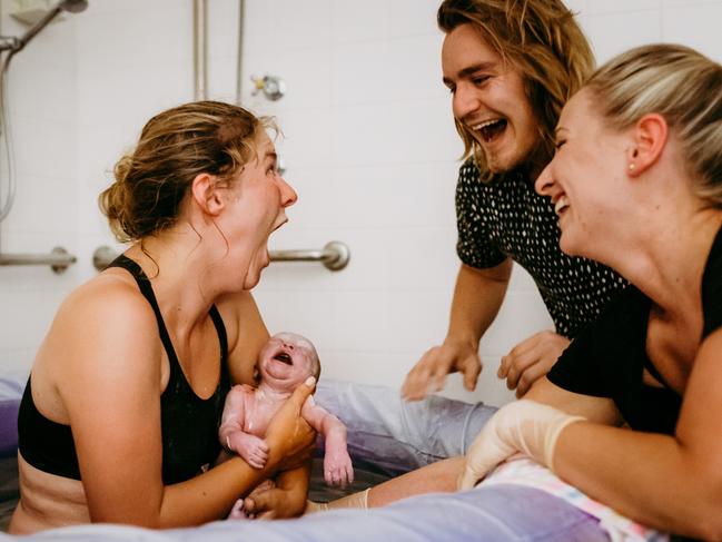 Sarah, Adrian and baby Mabel. Picture: Selena Rollason/Brisbane Birth Photography