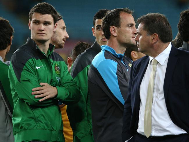 Australia V's South Africa, Socceroos, farewell match at ANZ Stadium Homebush, 26th May, Sydney Australia. Curtis Good on the podium after the match with Socceroos coach Ange Postecoglou Pic : George Salpigtidis