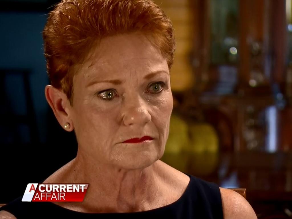 The One Nation leader broke down on camera to the point that at times she was unable to speak. Picture: Channel 9