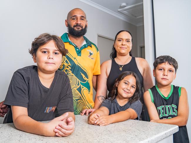 Darwin parents Sarah and Murray Liddle with their children Bradley, 12, Orlando, 9, and six-year-old Brooklyn getting the keys to their new home through the Yilli Rreung Housing Aboriginal Corporation.