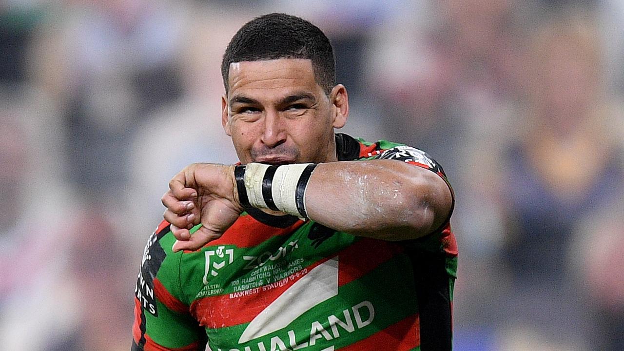Cody Walker of the Rabbitohs celebrates after scoring a try.