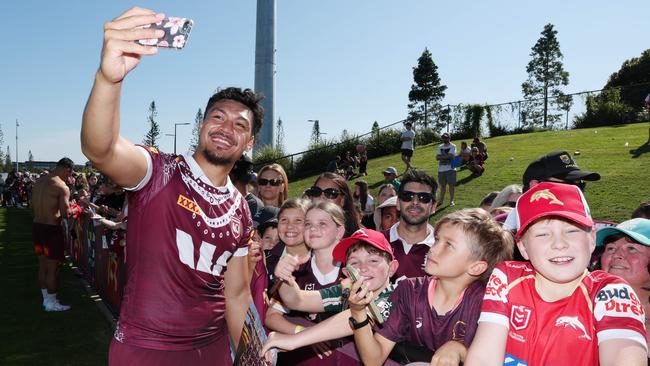 Jeremiah Nanai with Queensland fans at the Maroons open training day. Picture Lachie Millard