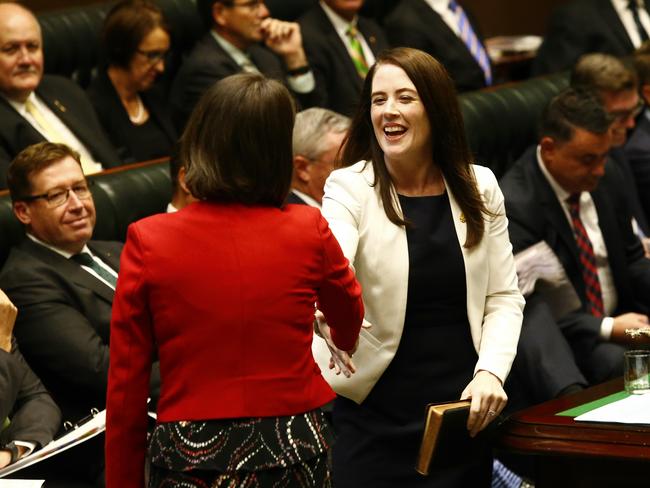 Being congratulated by Premier Gladys Berejiklian. Picture: John Appleyard