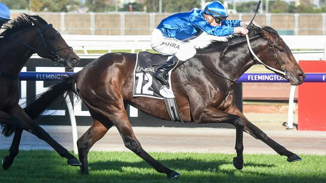 Mark Zahra rides Oceanex to victory in The Andrew Ramsden at Flemington Racecourse.
