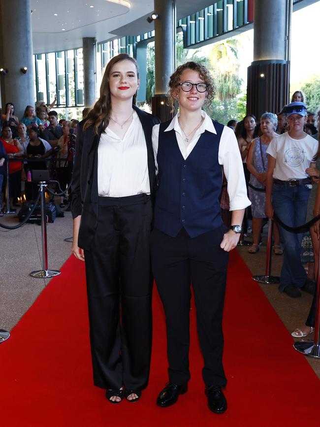 Lauren Earl and Sofia Forestier arrive at the Trinity Bay High School formal evening, held at the Cairns Convention Centre. Picture: Brendan Radke