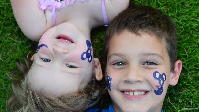 Ruby, 3, and Max Blackshaw, 8, sport temporary tattoos to celebrate Australia Day in 2014. Picture: Evan Morgan