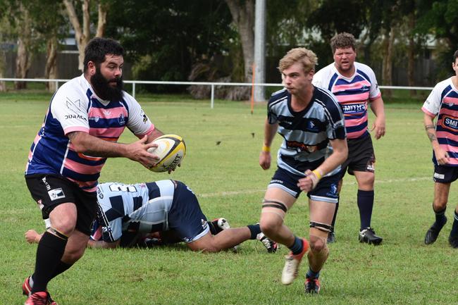 Moranbah's Ben Pearce makes a run in the Slade Point Slashers v Moranbah Bulls in Mackay Rugby Union Round 4 Seniors A-Grade Anzac Day clash at Cathy Freeman Oval in Slade Point. Saturday, April 23, 2022. Picture: Max O'Driscoll