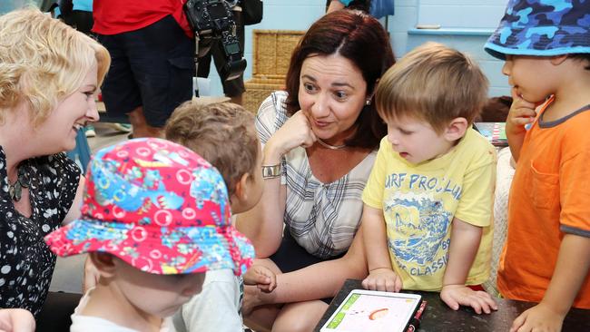 State opposition leader Annastacia Palaszczuk at Amaroo Childcare Centre with Coralee O'Rourke in Townsville during the election campaign. Pics Tara Croser.