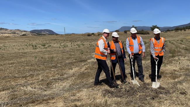 Education Minister Roger Jaensch, Brighton Mayor Leigh Gray, Liberal Lyons MP John Tucker and Fairbrother southern Tasmania manager Phillip de Jong turning the first sod for the new Brighton High School