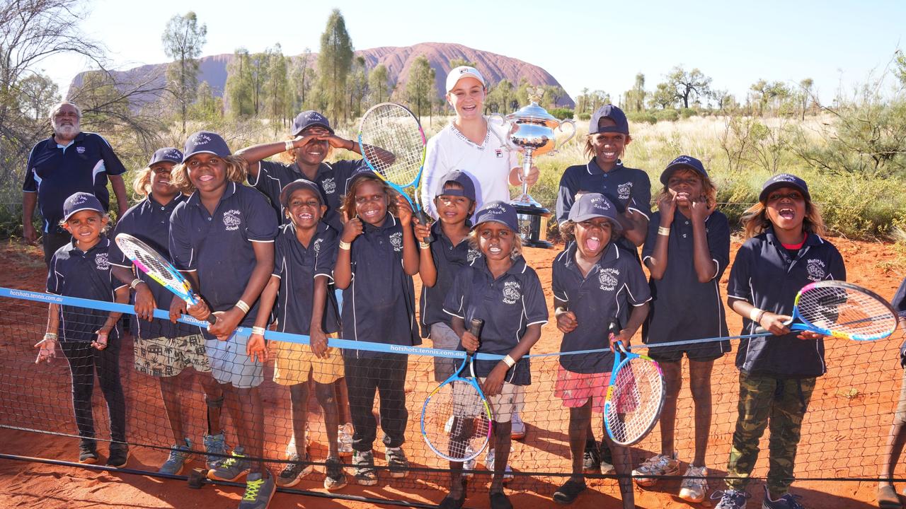 Ash Barty visited Mutitjulu school students in Uluru-Kata Tjuta National Park in February. Picture: Scott Barbour/Tennis Australia