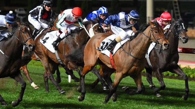 Viddora tries to hold off She Will Reign in the Moir Stakes at Moonee Valley. Picture: VINCE CALIGIURI/GETTY IMAGES