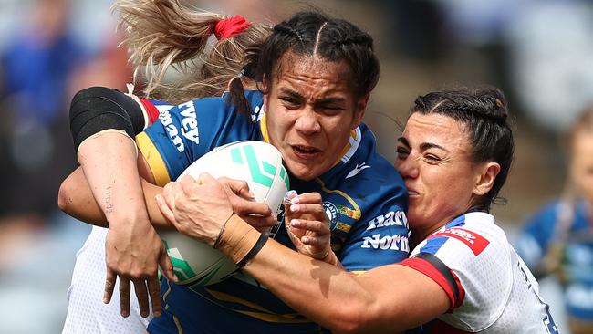 NEWCASTLE, AUSTRALIA - SEPTEMBER 04: Simaima Taufa of the Eels is tackled during the round three NRLW match between Newcastle Knights and Parramatta Eels at McDonald Jones Stadium, on September 04, 2022, in Newcastle, Australia. (Photo by Mark Metcalfe/Getty Images)