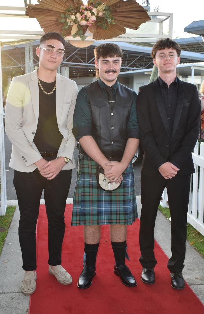 Darntae Harris, Cody Urauhart and Justin Pole at the Caloundra State High School formal 2024.