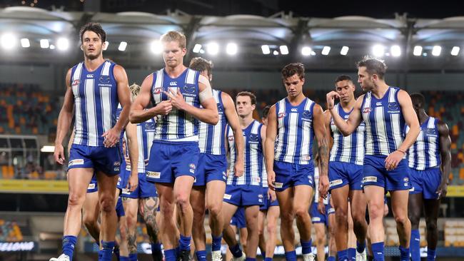 AFL Round 10. Geelong vs North Melbourne at the Gabba, Brisbane.  05/08/2020.   Robbie Tarrant leads the Roos of the Gabba after losing to Geelong . Pic: Michael Klein