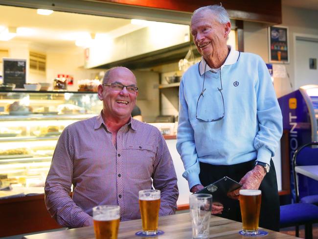 Les Dance with son-in-law Derek Halliday-Brown, celebrating Mr Dance’s first golf game at Cammeray since he turned 100. Picture: Phillip Rogers