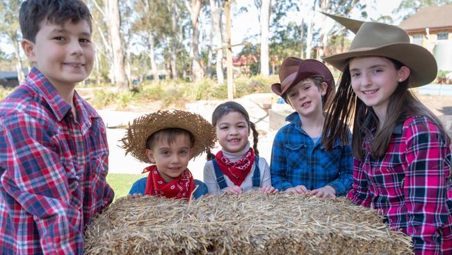 Dante Porcelli, Jaden Cassiou, Suzanne Francis, Riley Urquhat, and Keira Pooley with some hay for the drought relief after fundraising by St Mary's Catholic Primary School. Picture: Kitty Beale