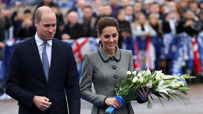 LEICESTER, ENGLAND - NOVEMBER 28: Prince William, Duke of Cambridge and Catherine, Duchess of Cambridge Cambridge pay tribute to those who were tragically killed in the helicopter crash on Saturday 27th October at Leicester City Football Clubs King Power Stadium on November 28, 2018 in Leicester, United Kingdom. (Photo by Neil P. Mockford/Getty Images)