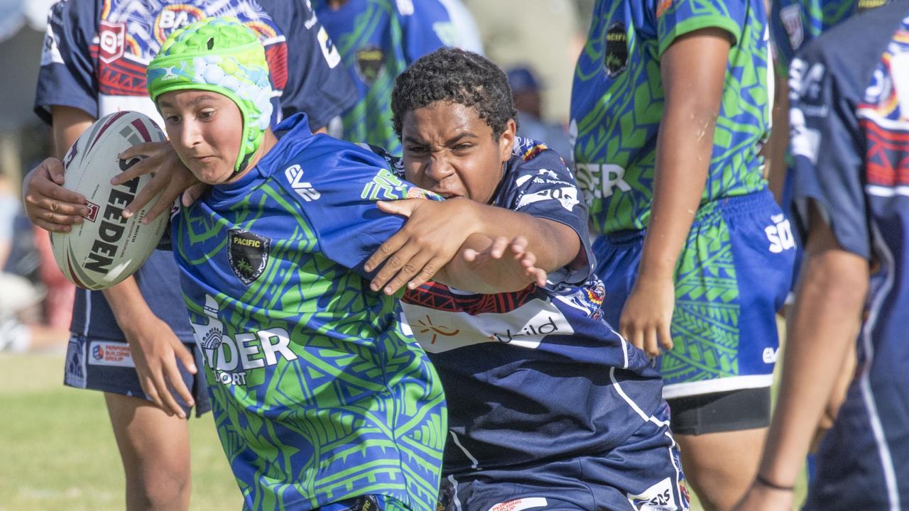 Lachlan Spence for Pacific Nations. Under 15's boys SW Qld Emus vs Pacific Nations Toowoomba. Saturday, February 25, 2023. Picture: Nev Madsen.