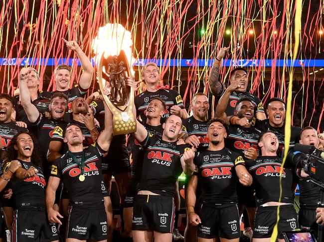 SYDNEY, AUSTRALIA - OCTOBER 01: The Panthers players celebrate victory after winning the 2023 NRL Grand Final match between Penrith Panthers and Brisbane Broncos at Accor Stadium on October 01, 2023 in Sydney, Australia. (Photo by Bradley Kanaris/Getty Images)