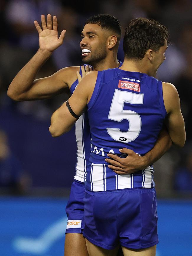 Tarryn Thomas celebrates after scoring a goal against Collingwood. Picture: Robert Cianflone/Getty Images