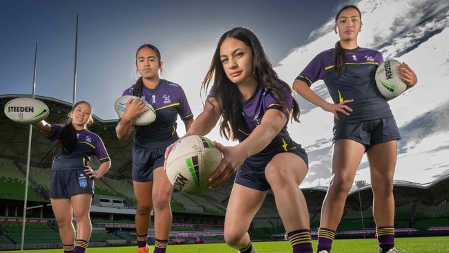 L-R: DalizÃÂ¨ Feo, Sierra TeÃ¢â¬â¢o, Nikita-Jaye Faoa and Akeelah Coffin are members of Melbourne Storm's new Female Development Squad  at AAMI Park. Picture: Tony Gough