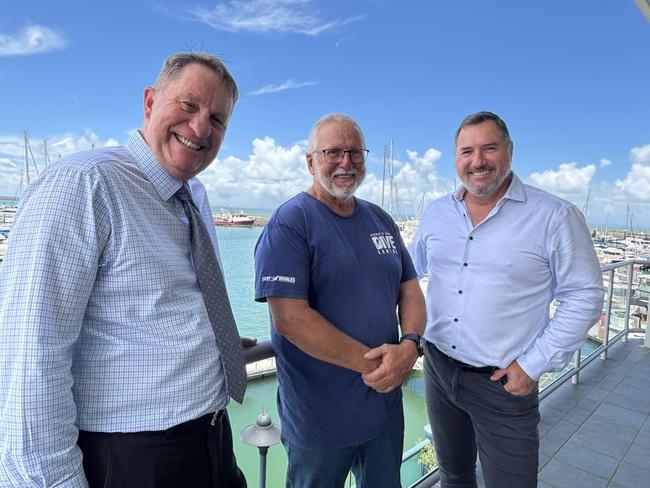 Member for Hervey Bay David Lee with Hervey Bay Dive Centre owner Ed Gibson and Tourism Minister Andrew Powell.