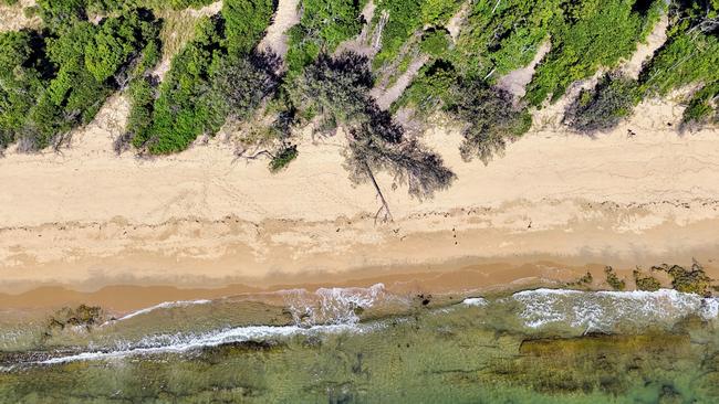 The jury on the murder trial of Toyah Cordingley has visited Wangetti Beach, 40 kilometres north of Cairns, to witness the site that Ms Cordingley died. Aerial photo of whereToyah Cordingley was buried in a shallow grave in the sand. A witches hat on the treeline marks the spot of the burial site. Picture: Brendan Radke