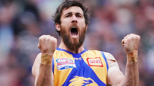 Josh Kennedy celebrates a goal in the 2018 grand final. Picture: Michael Dodge