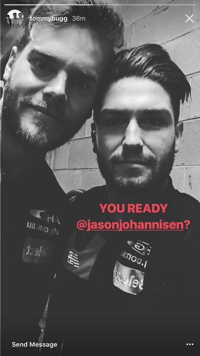 Jack Watts and Tomas Bugg let Jason Johannisen know they’re coming. Pic: Instagram