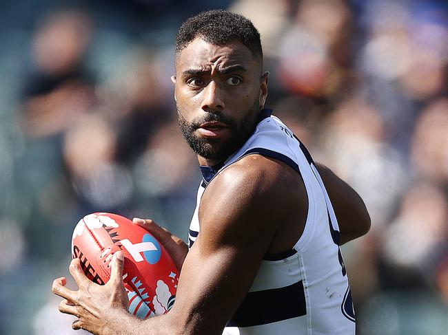 MELBOURNE . 15/04/2023.  AFL . Round 5. Gather Round.  Geelong vs West Coast Eagles at the Adelaide Oval.  Esava Ratugolea of the Cats   . Pic: Michael Klein