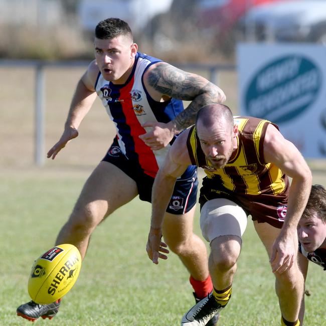 Final of the Arron Payne Cup between Ignatius Park College and St Patrick's College at the Queensland Country Bank Stadium. Swans Coby Dudman and Hawks Tyler Fidoe. Picture: Evan Morgan