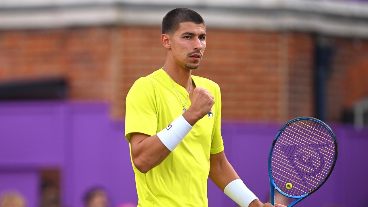 LONDON, ENGLAND - JUNE 18: Alexei Popyrin of Australia celebrates against Andy Murray of Great Britain during the Men's Singles Round of 32 match on Day Two of the cinch Championships at The Queen's Club on June 18, 2024 in London, England. (Photo by Mike Hewitt/Getty Images)