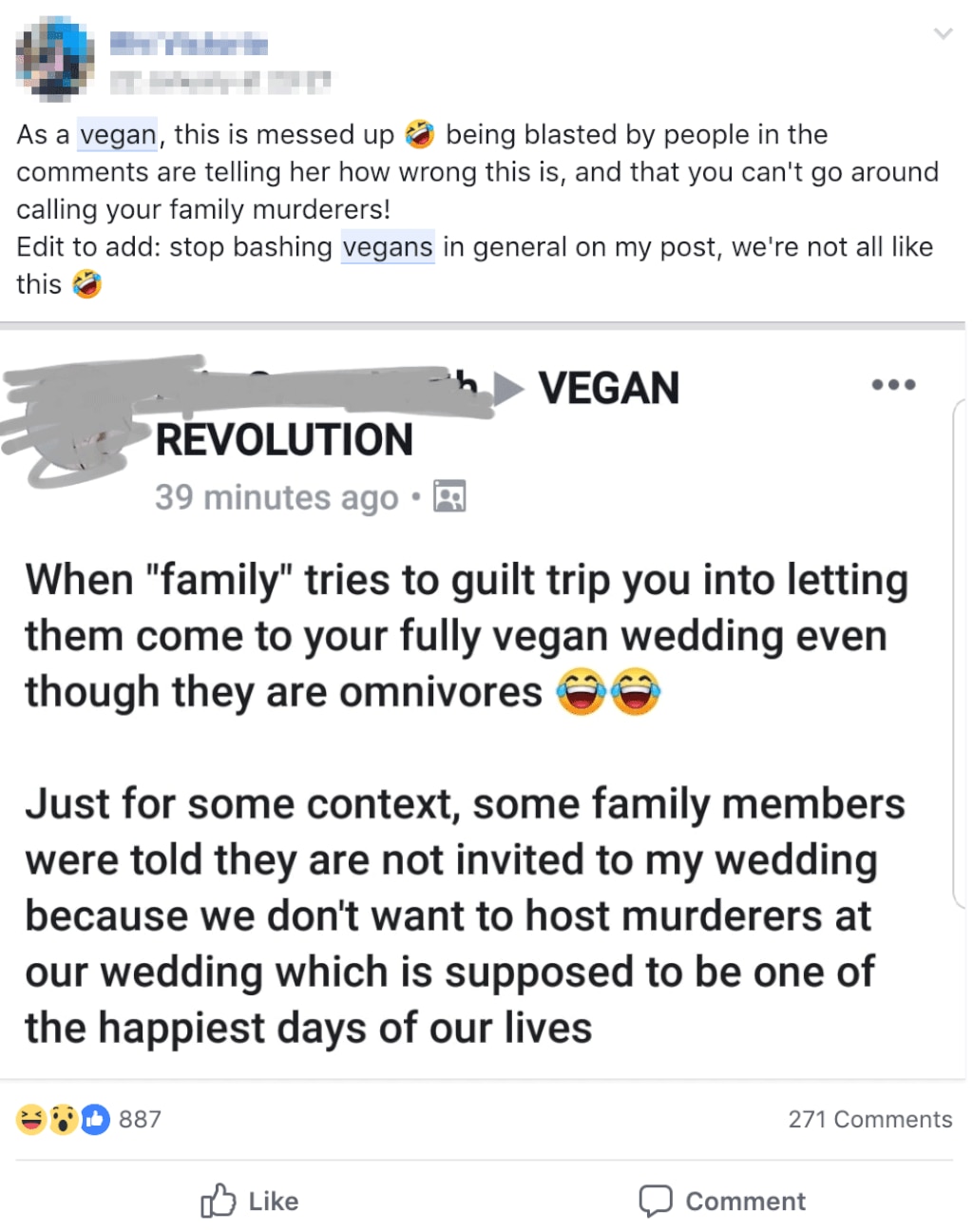 One member of the group shared this post from a vegan bride, shaming her for banning her meat-eating relatives from her big day. Picture: that’s it — I’m wedding shaming