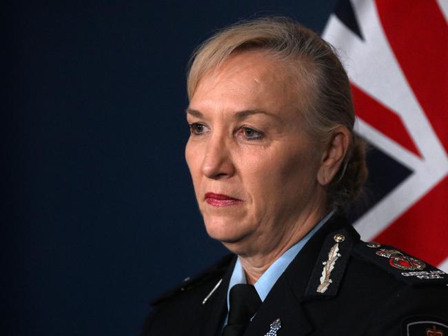 BRISBANE, AUSTRALIA - NewsWire Photos - FEBRUARY 20, 2024.Queensland Police Commissioner Katarina Carroll announces her resignation at the QPS headquarters in Brisbane. Picture: Dan Peled / NCA NewsWire