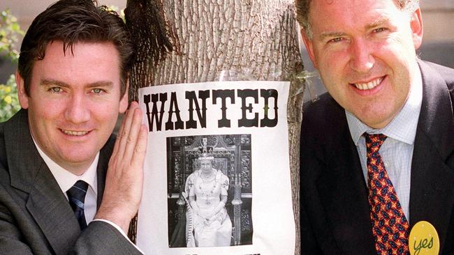 McGuire and Steve Vizard in 1999 with a ‘Wanted’ poster of the Queen at Parliament House, as part of the Make Australia a Republic campaign they spearheaded.