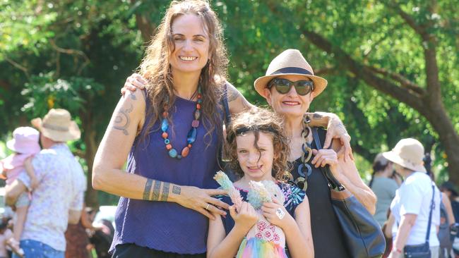 Aly de Groot with her mum Maggie de Groot and Stella Standfield at the Darwin Festival’s Teddy Bears Picnic on the Esplanade. Picture: Glenn Campbell