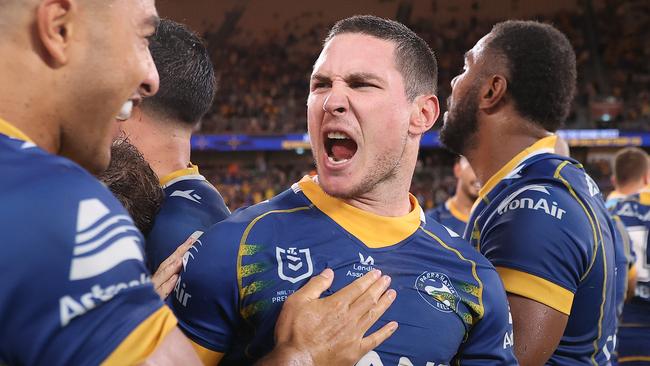 Mitchell Moses of the Eels celebrates with Will Penisini of the Eels after winning the round four NRL match between the Parramatta Eels and Penrith Panthers at CommBank Stadium on March 23, 2023 in Sydney, Australia. (Photo by Cameron Spencer/Getty Images)