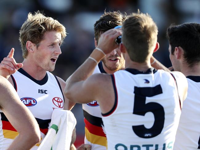 AFL - Adelaide Crows v Gold Coast at Noarlunga Oval. an animated Rory Sloane talks to Chayce Jones at 3 quarter time Picture SARAH REED