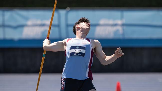 Angus Clues throwing the javelin in boys 16 years final.