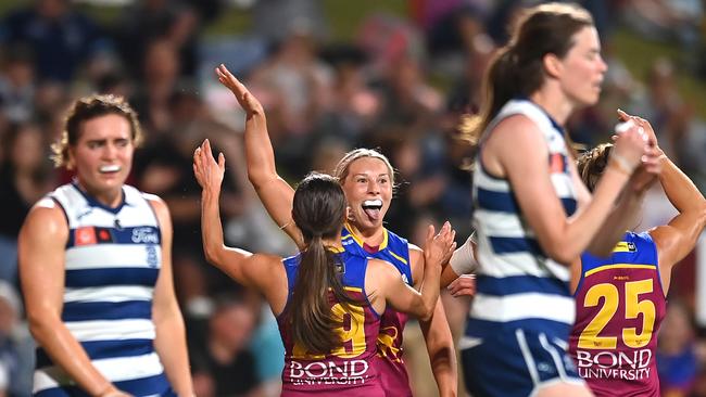 Geelong were adamant an early Brisbane goal in their four-point loss was touched. Picture: Albert Perez/Getty Images