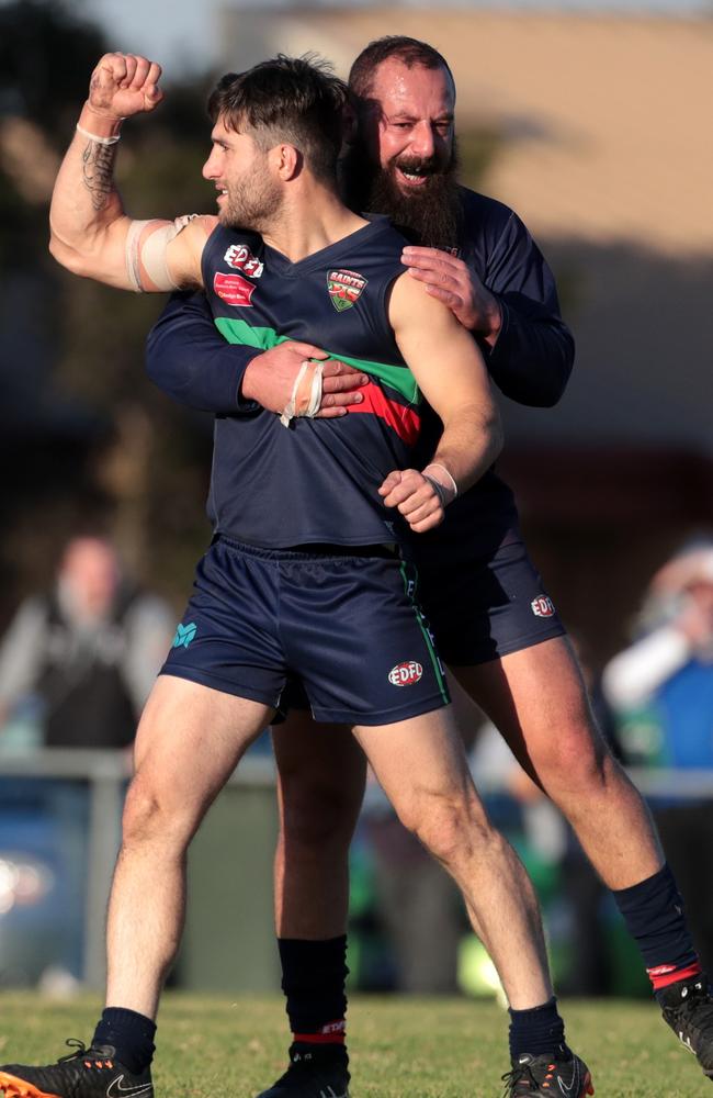 Northern Saints’ Rocky Ferraro celebrates one of his six goals in his side’s romp against East Sunbury. Picture: Mark Dadswell.