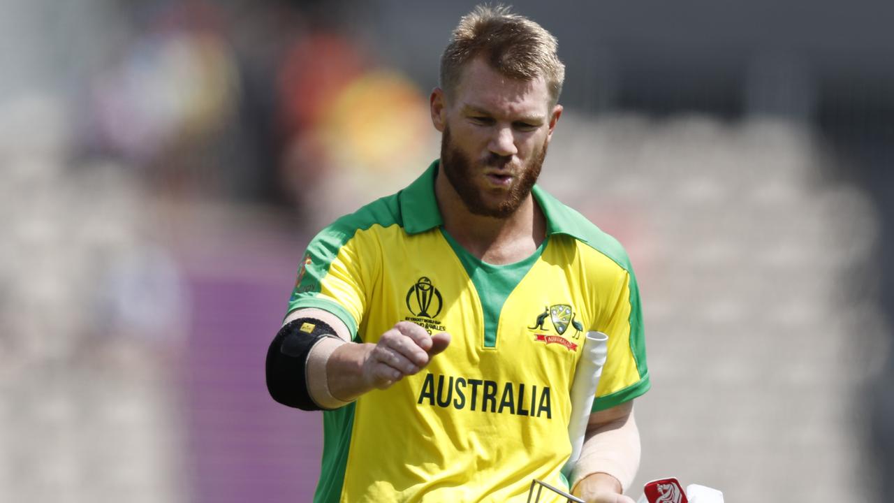 Australia's David Warner is battling a thigh injury just two days before he’s scheduled to play Afghanistan in Australia’s CWC opener. (AP Photo/Alastair Grant)