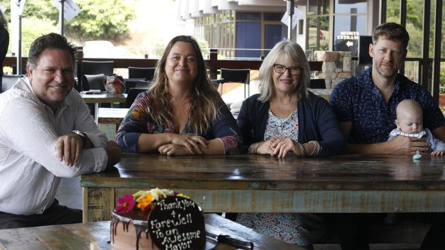 Outgoing Byron mayor Simon Richardson with councillors Sarah Ndiaye, Jeannette Martin and Michael Lyon on Cr Richardson's last day with the council at Ocean Shores Country Club on Friday, April 30, 2021. Picture: Liana Boss