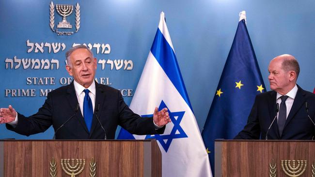 Israeli Prime Minister Benjamin Netanyahu at a joint press conference with German Chancellor Olaf Scholz following their meeting in Jerusalem on March 17. Picture: POOL / AFP