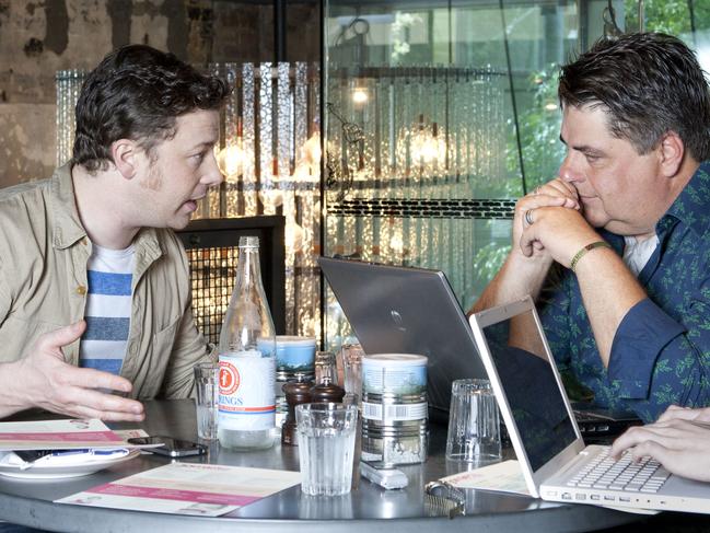 MasterChef Australia judge Matt Preston interviews celebrity chef Jamie Oliver at Jamie's Italian restaurant, in Sydney. Picture: Supplied