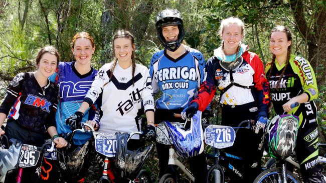 Competitors in the Girls 17-24 category at the Castle Hill BMX Club’s BMX Open on the weekend. Pictures: Peter Kelly